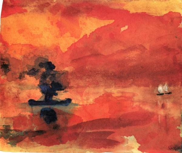Red Sea With Steamship And Two Small Sailboats by Emil Nolde