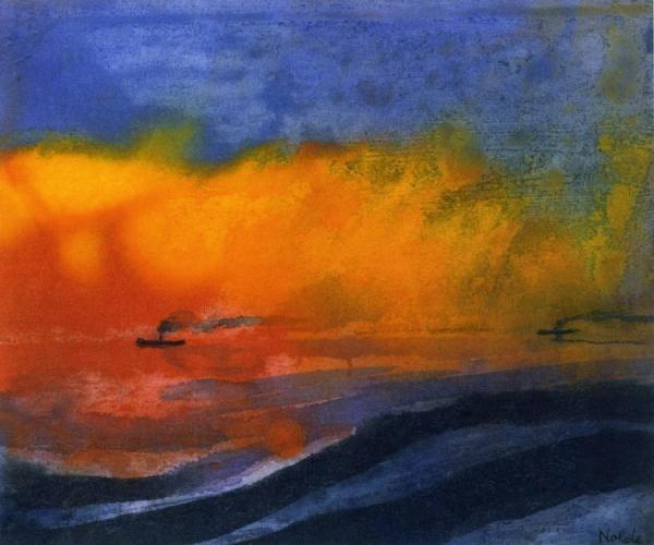 Sea And Two Steamboats With Red Evening Sky by Emil Nolde