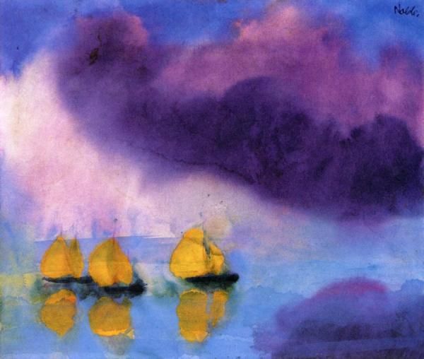 Sea With Violet Clouds And Three Yellow Sailboats by Emil Nolde