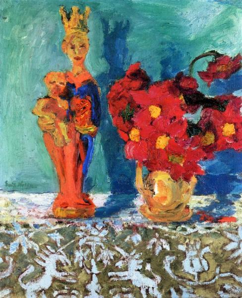 Still Life Of Ponpon Dahlias And A Madonna Figurine by Emil Nolde