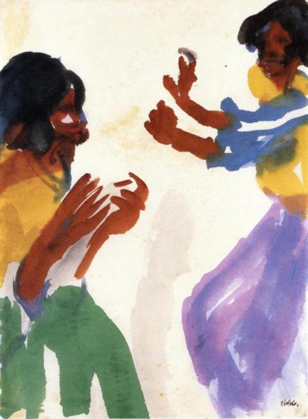 Two Dancers In Green And Violet Skirts by Emil Nolde