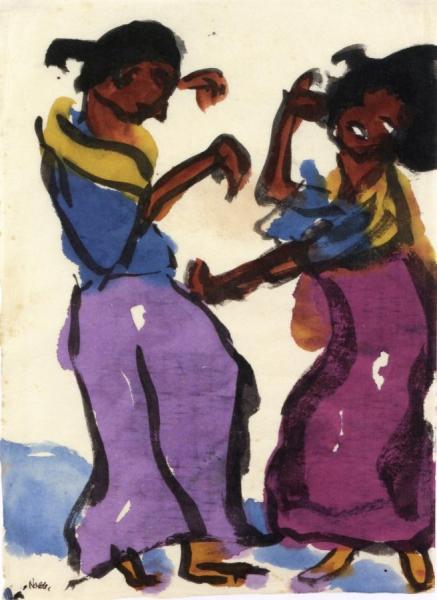Two Dancers, Purple And Crimson Skirts by Emil Nolde
