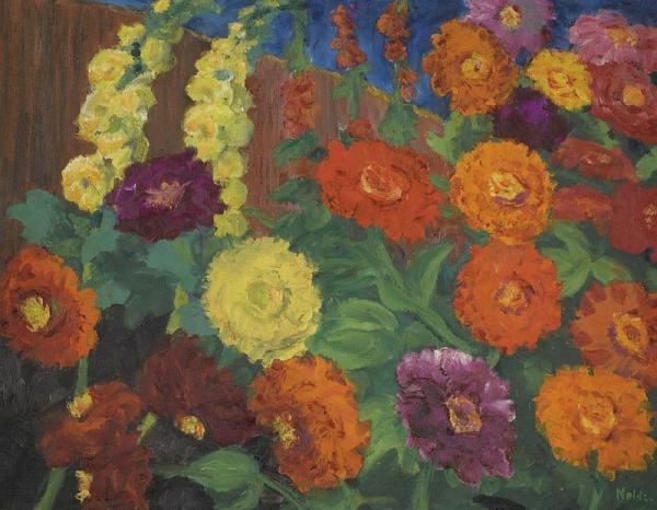 Zinnias And Hollyhocks by Emil Nolde