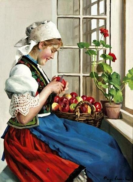 Servan Girl With A Basket Of Apples by Emil Pap