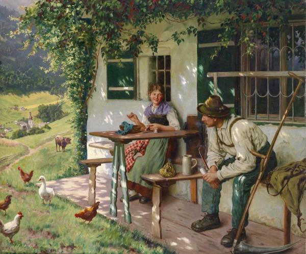Young Couple In Front Of A Farmhouse In Upper Bavaria by Emil Rau