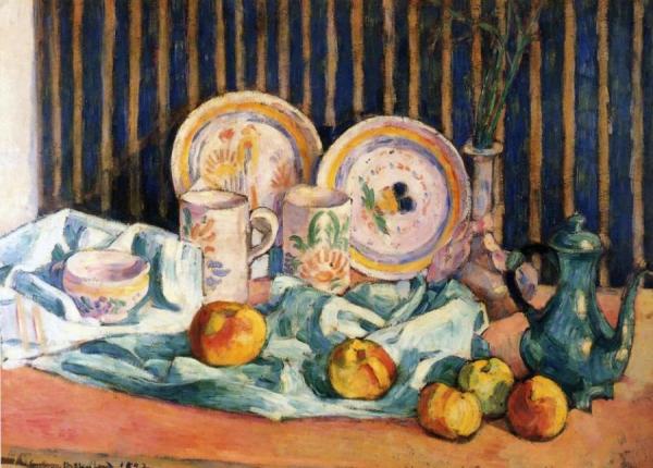Still Life With Teapot, Apples And Dishes by Emile Bernard