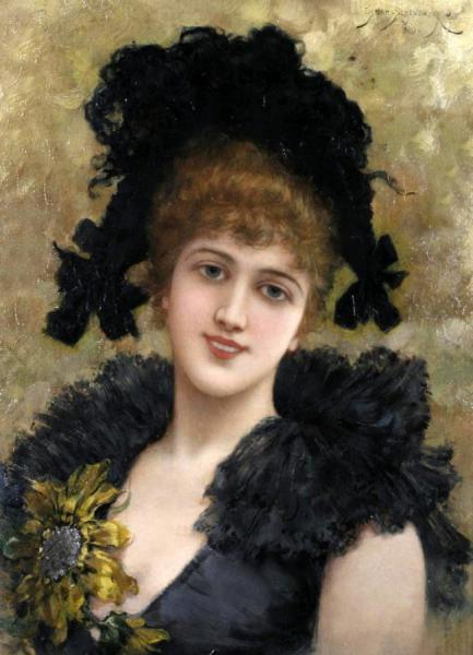 Portrait Of A Young Lady In A Black Dress With A Sunflower by Emile Eisman-semenowsky