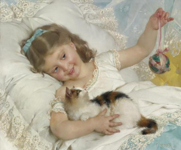 A Girl Playing With Kitten by Émile Munier