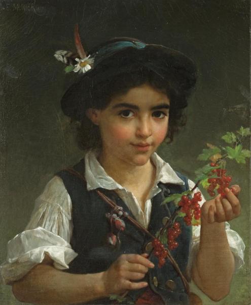 A Young Boy Holding A Branch Of Berries by Émile Munier