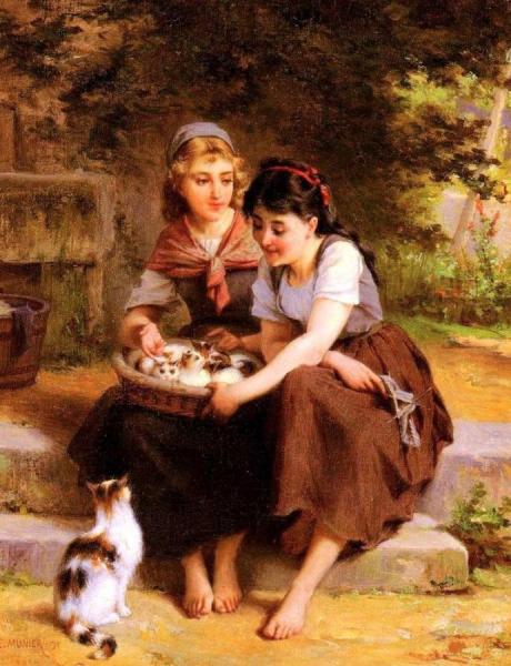 Two Girls With A Basket Of Kittens by Émile Munier