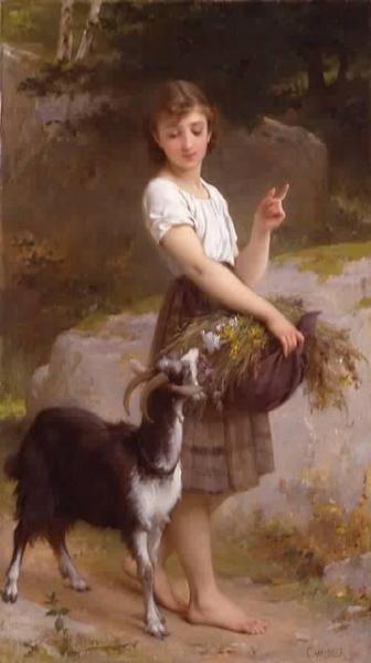 Young Girl With Goat And Flowers by Émile Munier