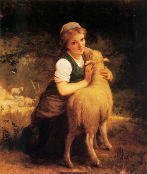 Young Girl With Lamb by Émile Munier