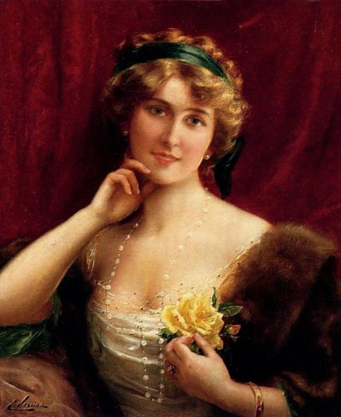 An Elegant Lady With A Yellow Rose by Emile Vernon