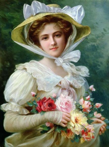 Elegant Lady With A Bouquet Of Roses by Emile Vernon