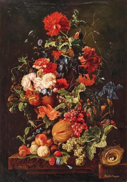 Floral Still Life With Fruit And Bird's Nest by Emilie Preyer Oil Painting Reproductions