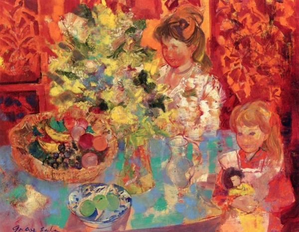 Interior With Flowers, Woman And Girl by Emilio Grau Sala