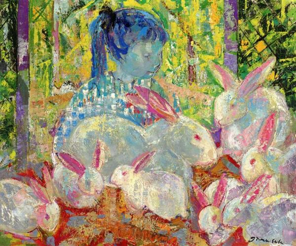Rabbits, White And Pink by Emilio Grau Sala