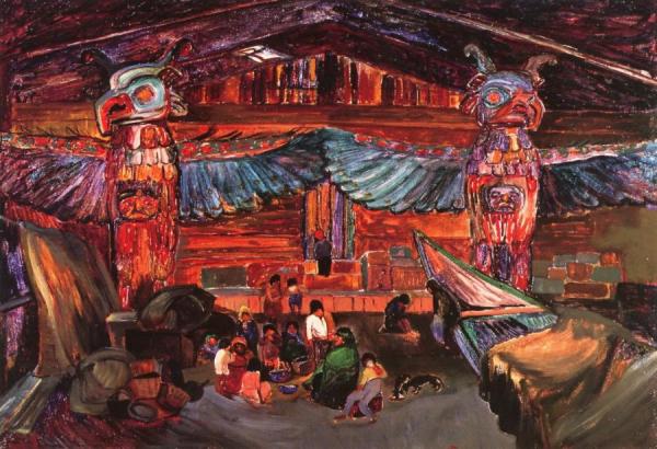 Indian House Interior With Totems by Emily Carr