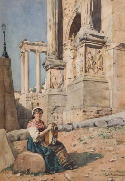 Girl With Tambourine On The Arch Of Titus, Roman Forum by Enrico Tarenghi Oil Painting Reproductions