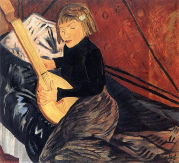 A Girl Playing A Lute by Erich Heckel Oil Painting Reproductions