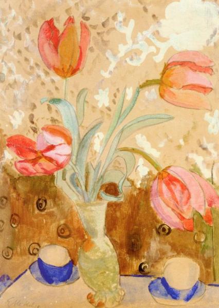 Red Tulips With Blue Cups by Erich Heckel
