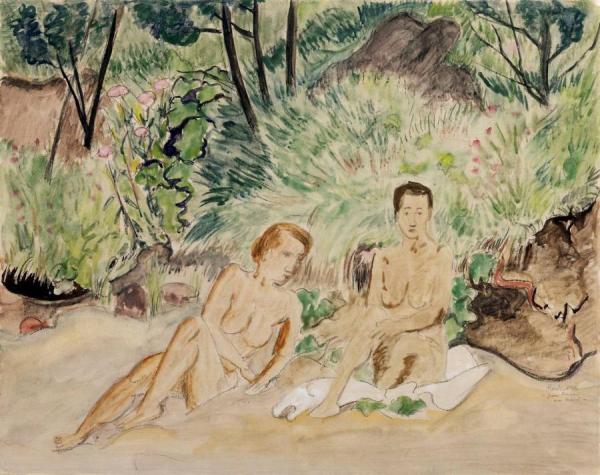 Two Reclining Nudes In A Landscape by Erich Heckel