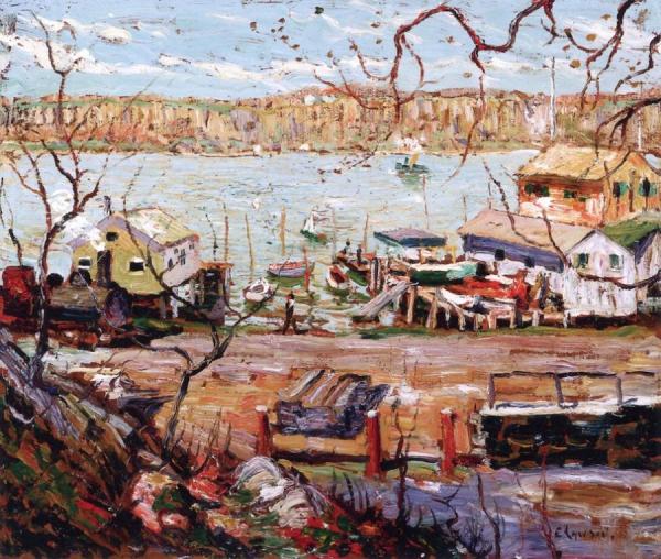 River Scene - Boats And Houses by Ernest Lawson