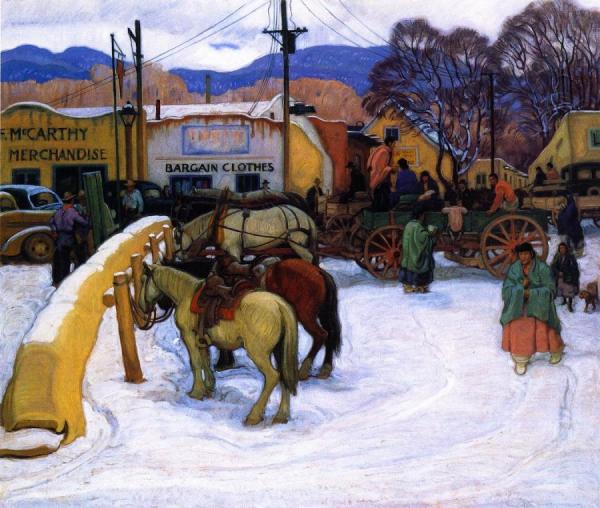 Taos Plaza, Winter, 1921 by Ernest Martin Hennings