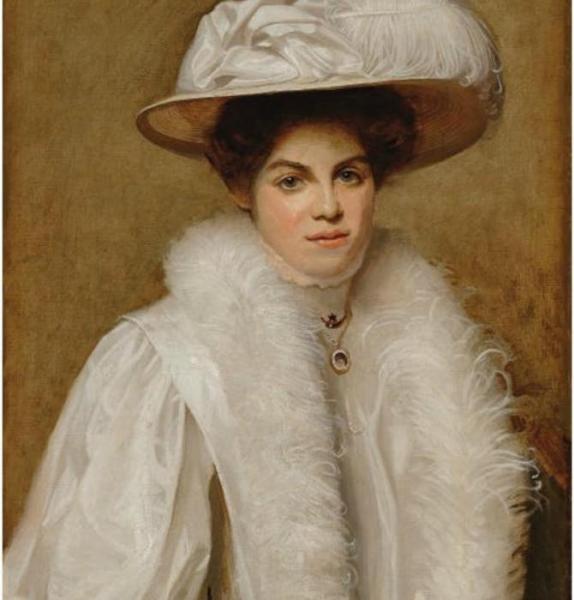 Portrait Of Doris Camptell In A White Dress And Hat With Feathers by Ernest Townsend
