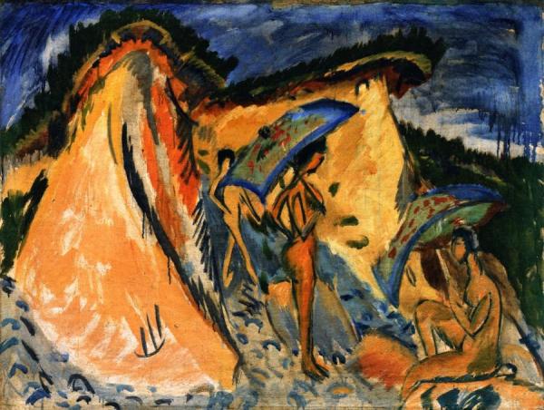 Fehmarn Dunes With Bathers Under Japanese Umbrellas by Ernst Ludwig Kirchner