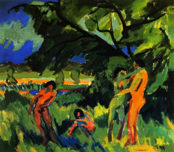 Spielende Nachte Manschen Unter Baum by Ernst Ludwig Kirchner
