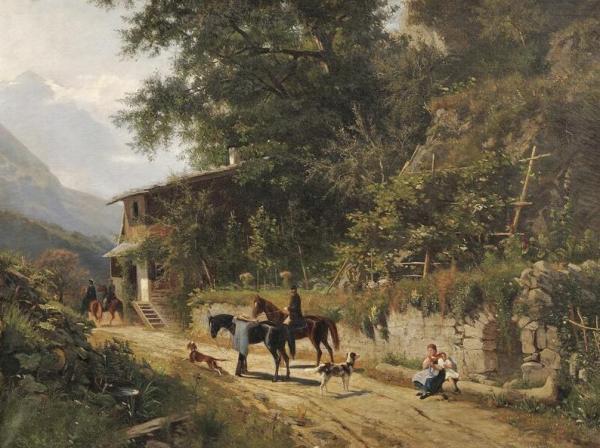 Genre Scene Along An Alpine Road by Eugen Felix Prosper Bracht