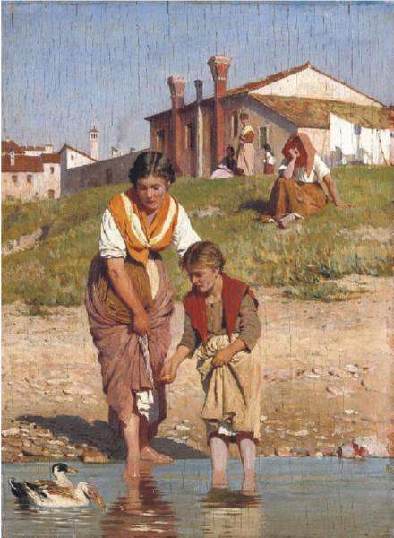 Feeding The Ducks by Eugen Von Blaas