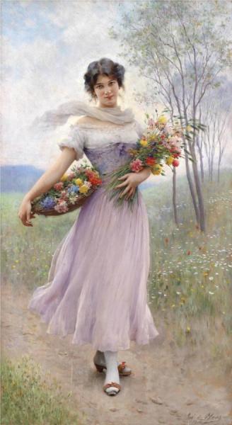 Girl In A Lilac-coloured Dress With Bouquet Of Flowers by Eugen Von Blaas