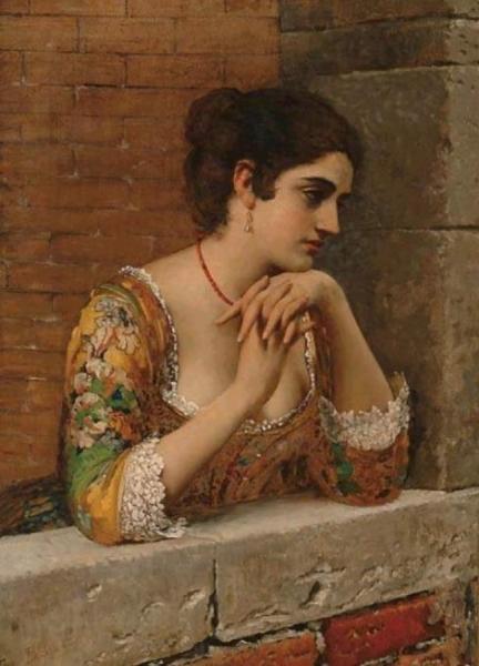 Venetian Beauty On Balcony by Eugen Von Blaas