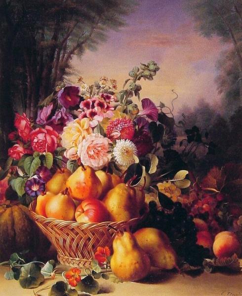 Still Life Of Flowers And Fruits by Eugene-adolphe Chevalier
