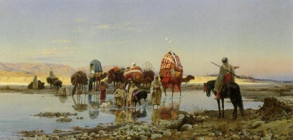 Arab Caravan Crossing A Ford by Eugène-alexis Girardet