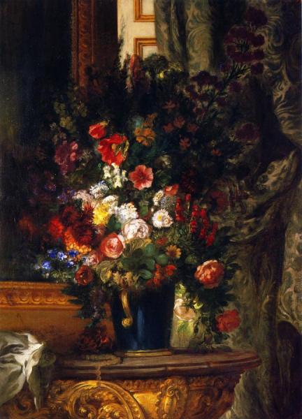 A Vase Of Flowers On A Console by Eugène Delacroix