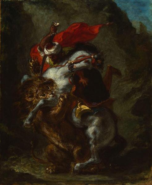 Arab Horseman Attacked By A Lion by Eugène Delacroix