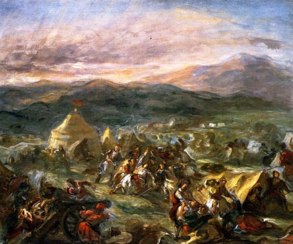 Botzaris Attacks The Turkish Camp And Is Fatally Wounded by Eugène Delacroix