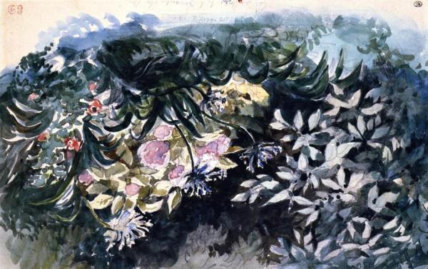 Flower Bed With Hydrangeas, Scillas And Anemones by Eugène Delacroix