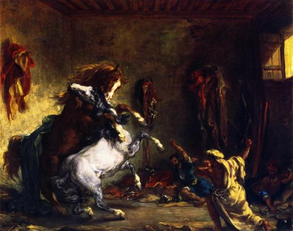 Horses Fighting In A Stable by Eugène Delacroix