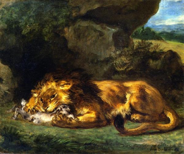Lion Devouring A Rabbit by Eugène Delacroix