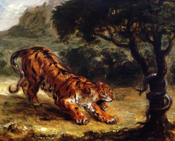 Tiger Growling At A Snake by Eugène Delacroix