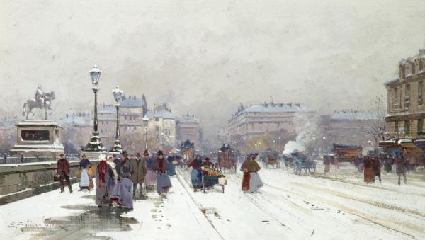 Animation Sur Le Pont Neuf Sous La Neige by Eugene Galien-laloue