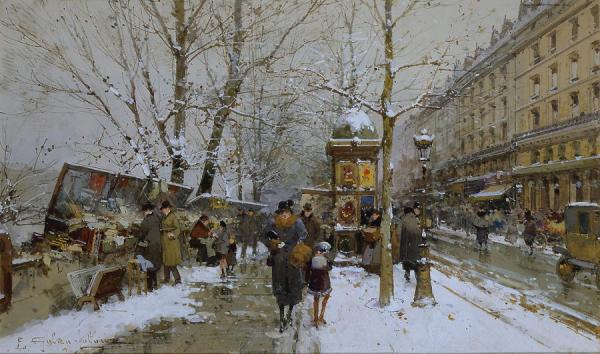 Bookstalls In Winter by Eugene Galien-laloue