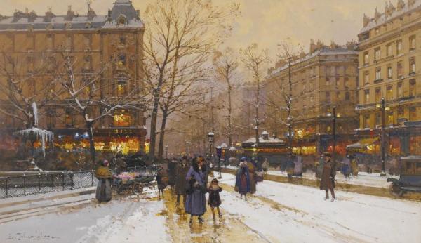 Boulevard Parisien,sous La Neige by Eugene Galien-laloue