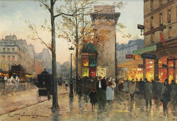 Busy Boulevard By The Porte Saint Denis by Eugene Galien-laloue