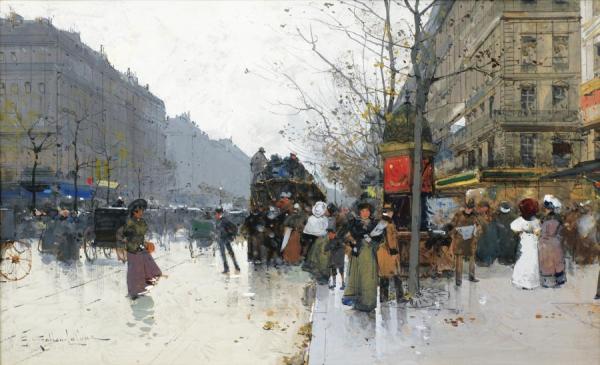 Grands Boulevards In Paris by Eugene Galien-laloue