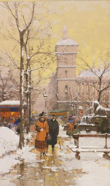 La Place Du Chatelet Et La Conciergerie Sous La Neige by Eugene Galien-laloue